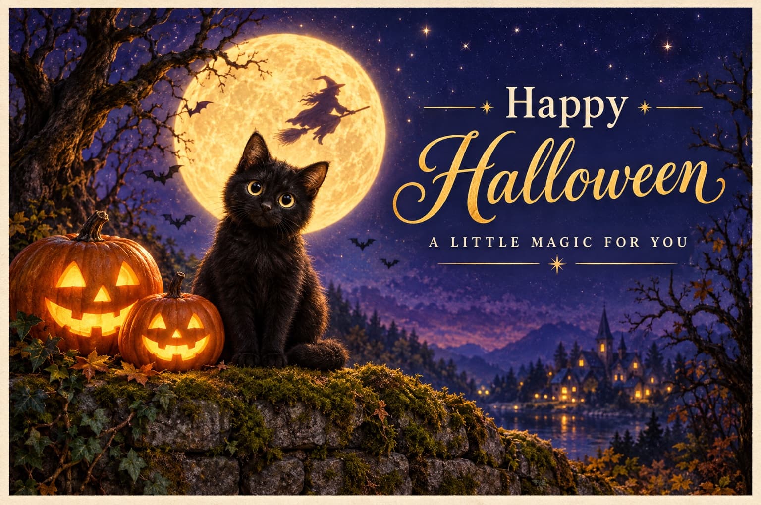 Black Cat Moon Halloween postcard
