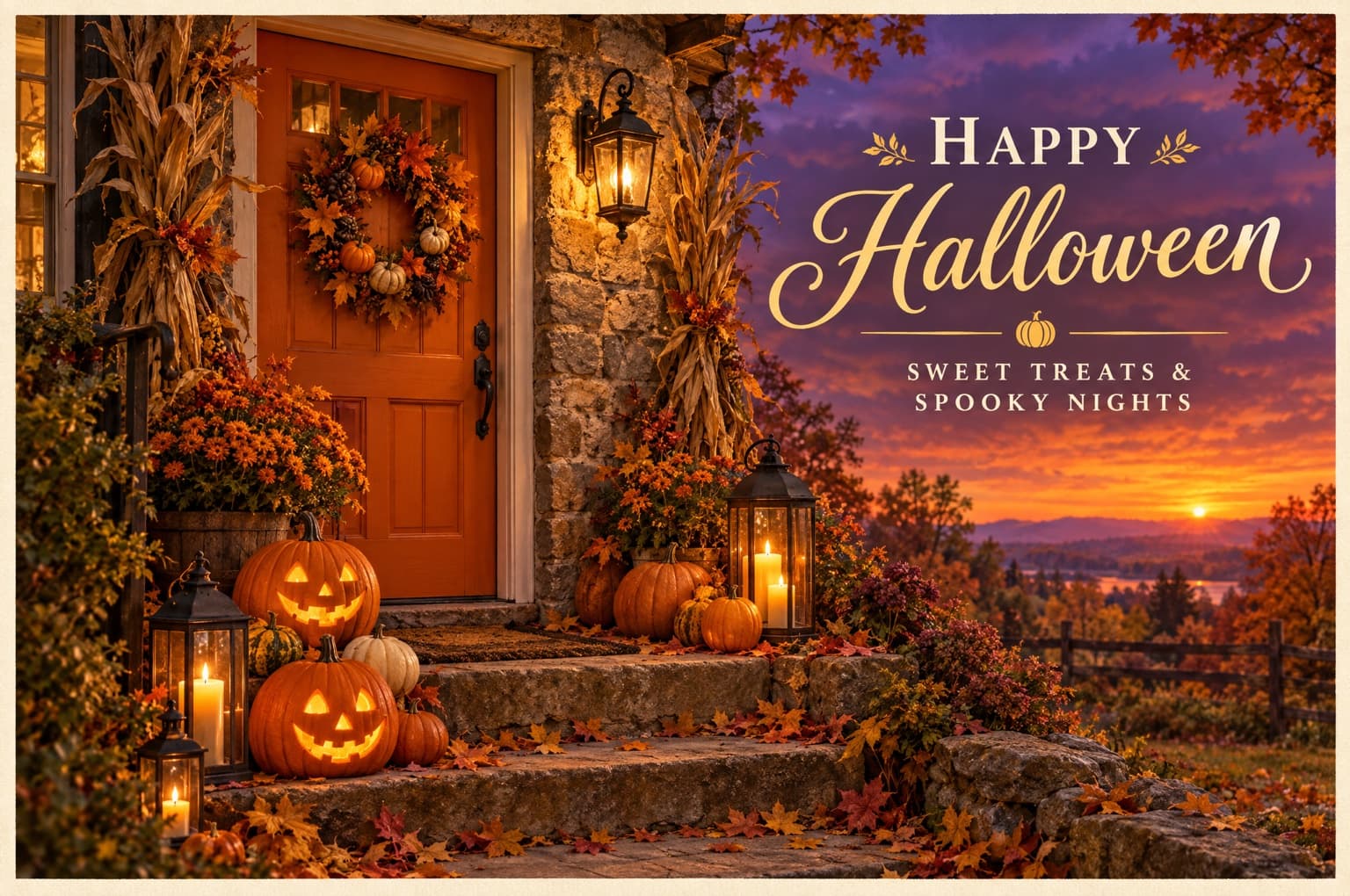 Pumpkin Porch Halloween postcard