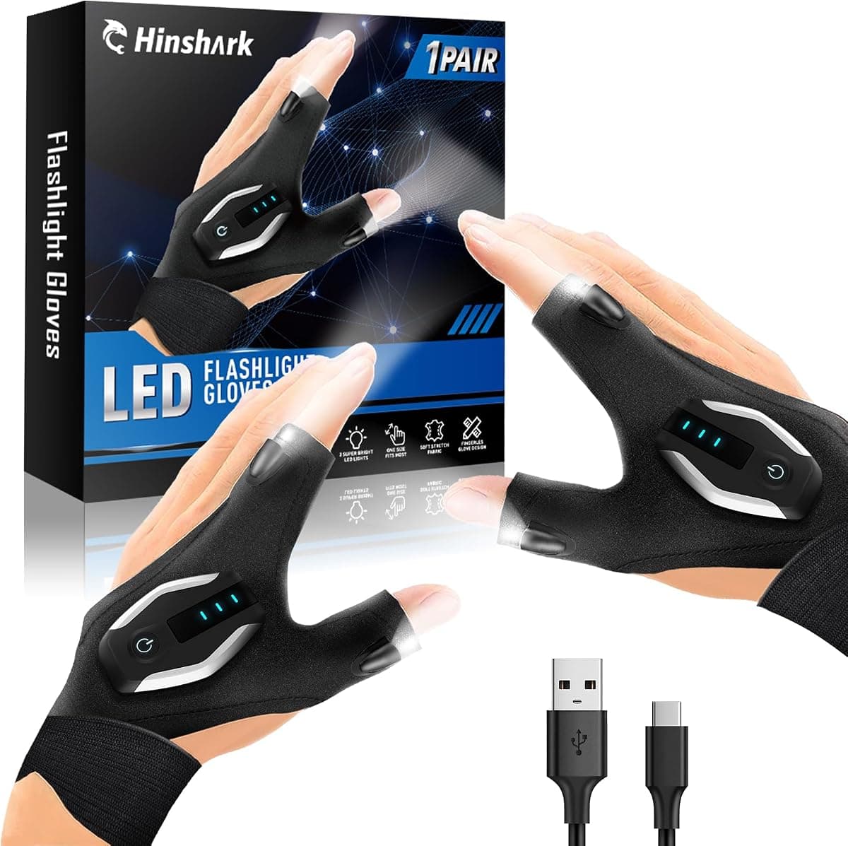 Hinshark LED Flashlight Gloves, 1 Pair