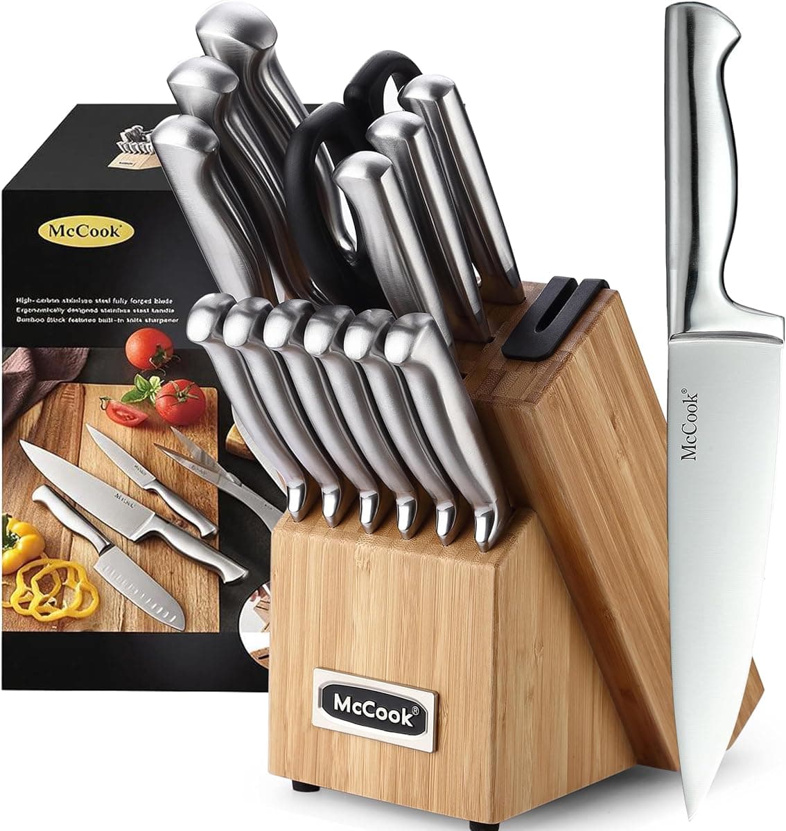 McCook 15-Piece Knife Block Set with Built-in Sharpener